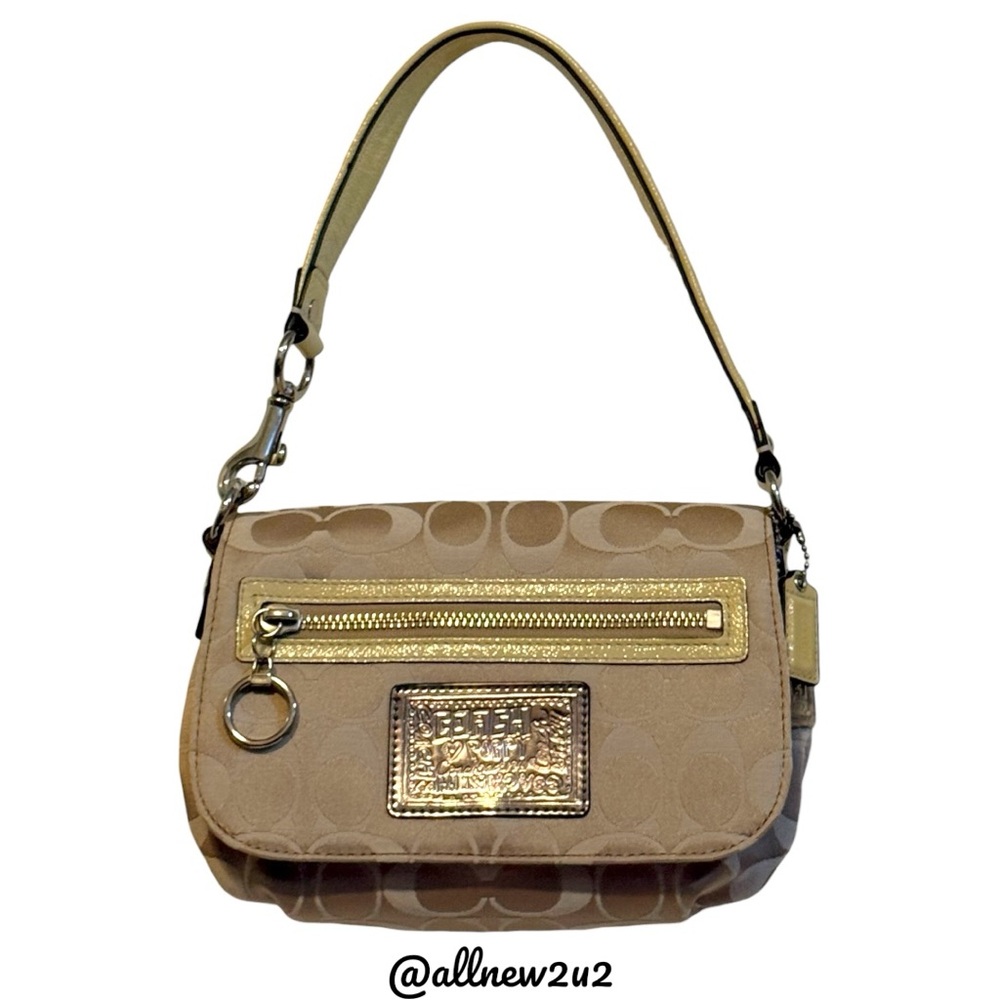 Coach Poppy Signature Tan Yellow Leather Accents W Gold Hardware Shoulder Bag